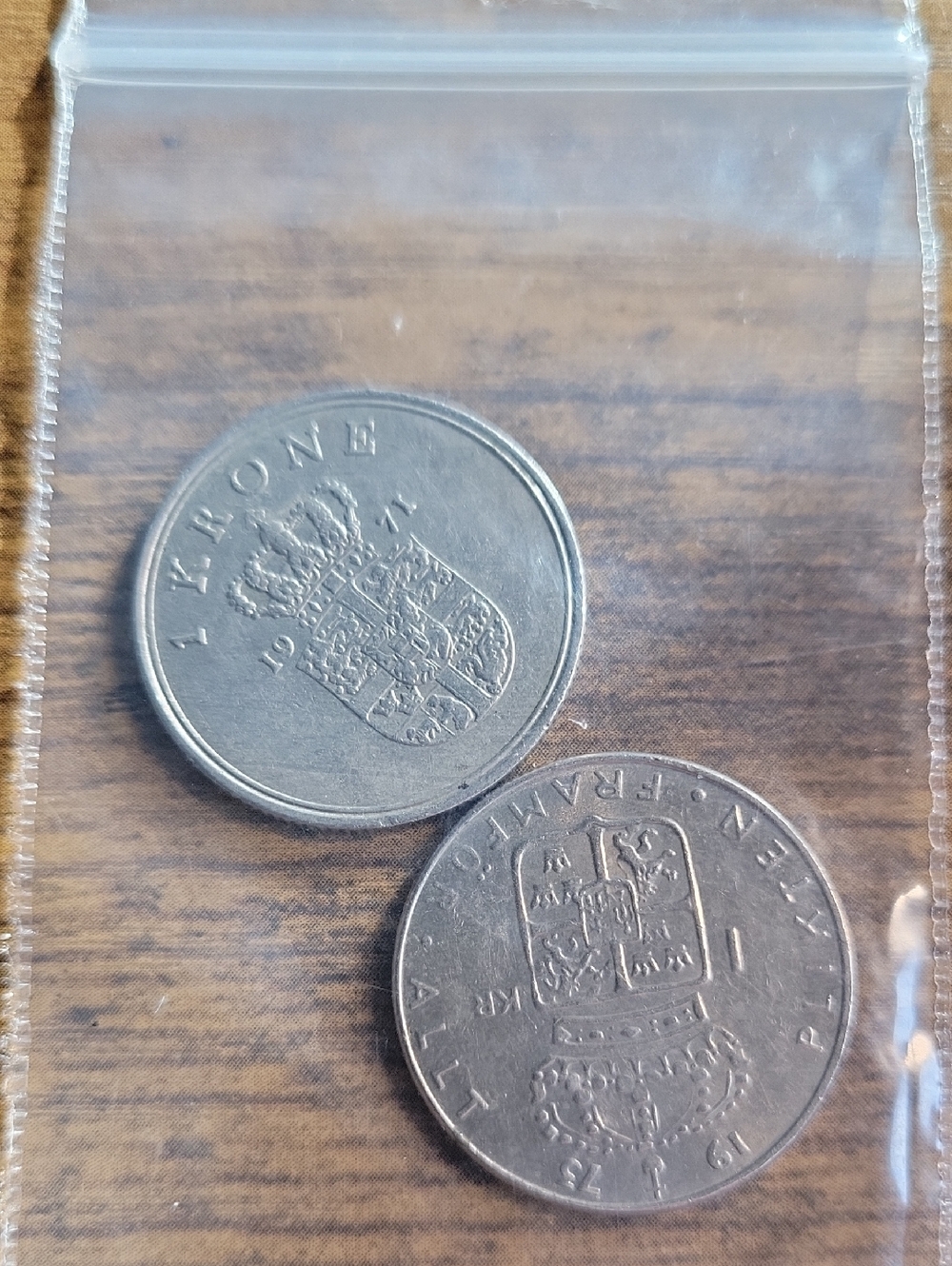 Vintage Danish Coin Pair - Silver Tone 1 Krone and 2 Kroner